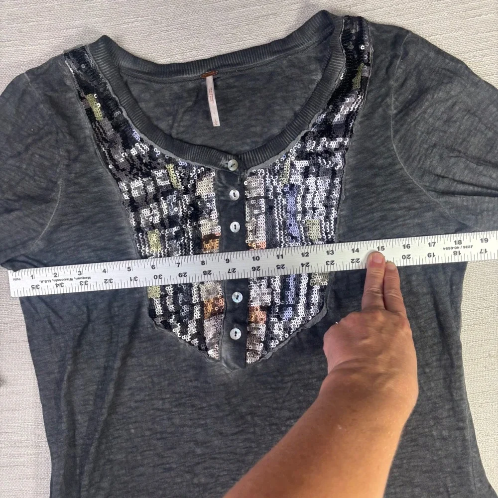 Free People Charcoal Gray Sequin Bib Henley Long Sleeve Burnout Top Large
